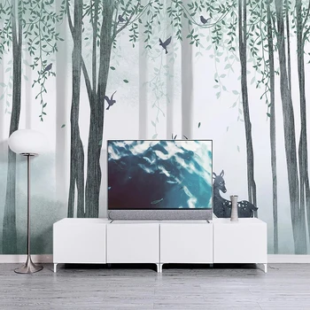תמונות טפטים בסגנון אירופאי יער עלה ירוק צמח אייל ציור הפוסטר סלון, חדר שינה טלוויזיה רקע תפאורה הביתה 3D פרסקו