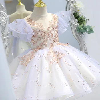 ילדים טול נסיכה, שמלת נשף החתונה שמלת ערב לילדה נצנצים אפליקציות צד פרח שמלות לילדות ילדים הנשף Vestidos