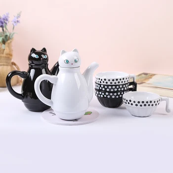 יפני מינימליסטי, יצירתי קרמיקה חתלתול חמוד ערכת תה 3D קפה כוס תה קומקום להגדיר שחור לבן מטבח, כלי שולחן