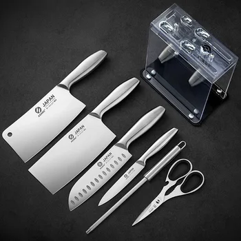 7PCS סט מספריים סכין שף בעל לעמוד סכיני מטבח מחדד נירוסטה קליבר מקצועי כלי בישול קופסת מתנה